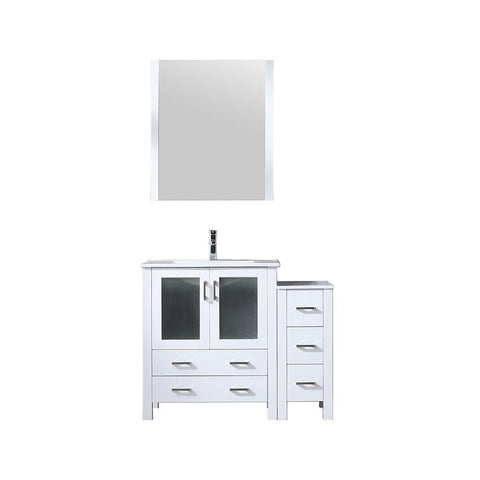 Image of Volez 42" White Single Vanity w/ Side Cabinet | Integrated Top | White Integrated Square Sink and 28" Mirror