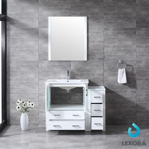 Image of Volez 42" White Single Vanity w/ Side Cabinet | Integrated Top | White Integrated Square Sink and 28" Mirror
