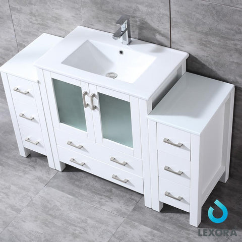 Image of Volez 54" White Single Vanity w/ 2 Side Cabinets | Integrated Top | White Integrated Square Sink and 28" Mirror