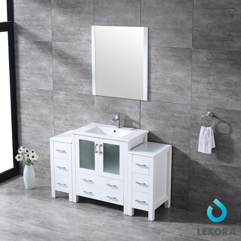 Image of Volez 54" White Single Vanity w/ 2 Side Cabinets | Integrated Top | White Integrated Square Sink and 28" Mirror