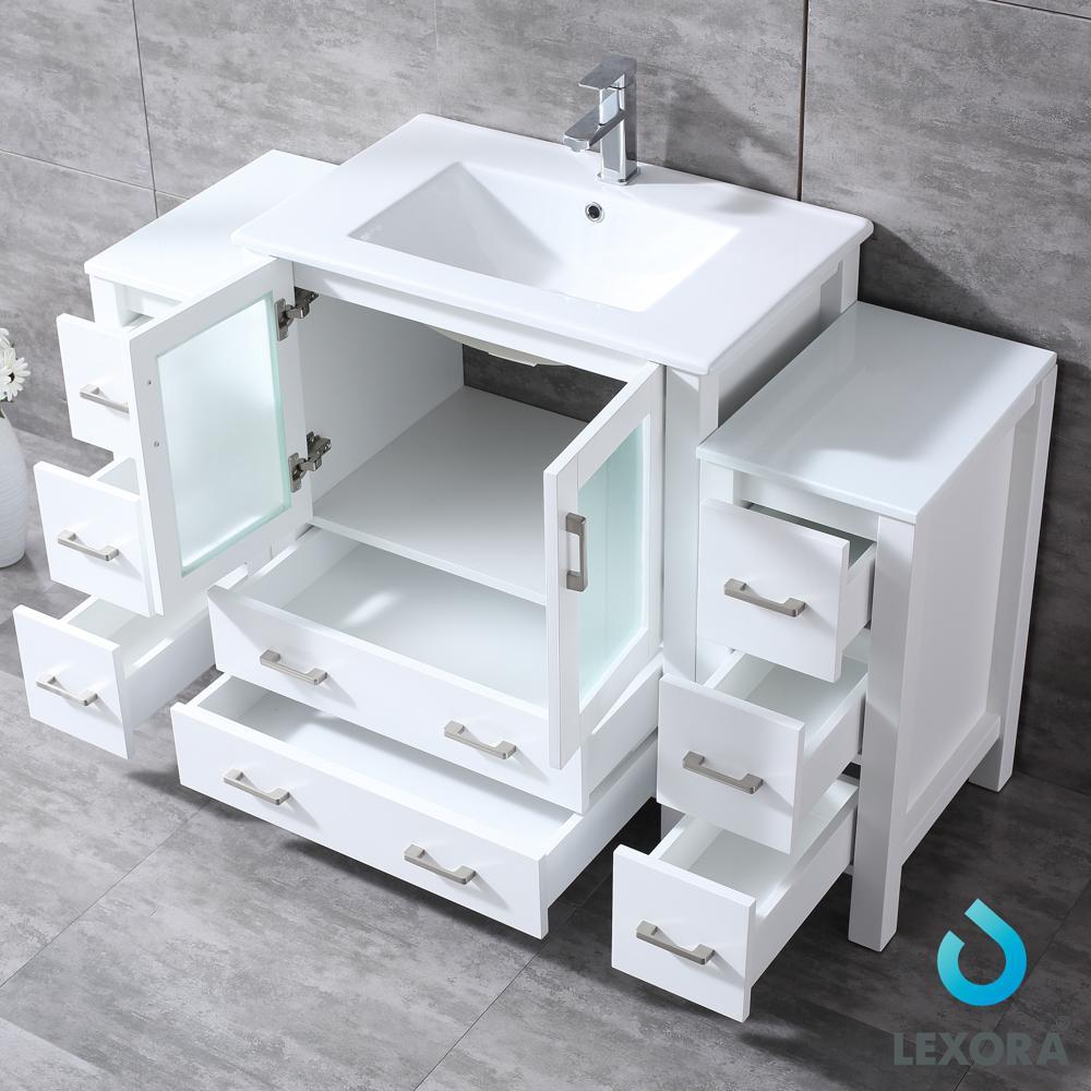 Volez 54" White Single Vanity w/ 2 Side Cabinets | Integrated Top | White Integrated Square Sink and 28" Mirror