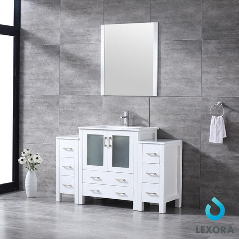 Image of Volez 54" White Single Vanity w/ 2 Side Cabinets | Integrated Top | White Integrated Square Sink and 28" Mirror