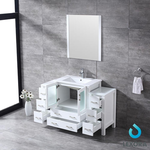 Image of Volez 54" White Single Vanity w/ 2 Side Cabinets | Integrated Top | White Integrated Square Sink and 28" Mirror