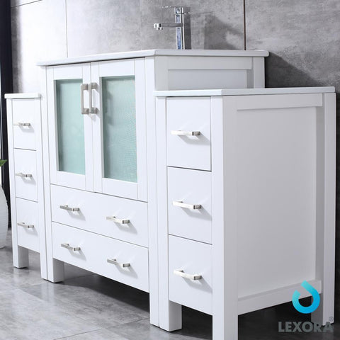 Image of Volez 54" White Single Vanity w/ 2 Side Cabinets | Integrated Top | White Integrated Square Sink and 28" Mirror
