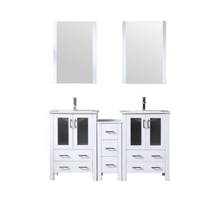 Volez 60" White Double Vanity w/ Side Cabinet | Integrated Top | White Integrated Square Sink and 22" Mirrors