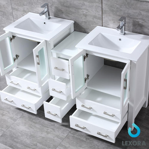 Image of Volez 60" White Double Vanity w/ Side Cabinet | Integrated Top | White Integrated Square Sink and 22" Mirrors