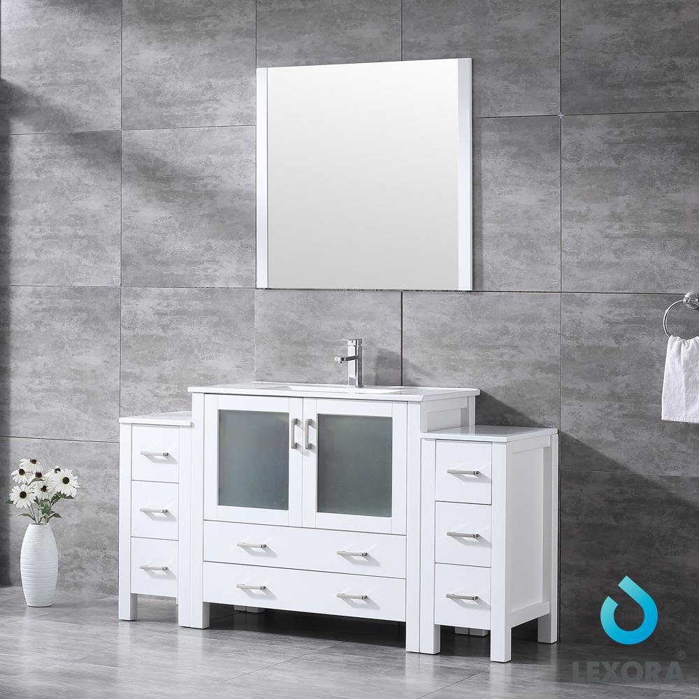Volez 60" White Single Vanity w/ 2 Side Cabinets | Integrated Top | White Integrated Square Sink and 34" Mirror