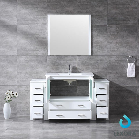 Image of Volez 60" White Single Vanity w/ 2 Side Cabinets | Integrated Top | White Integrated Square Sink and 34" Mirror