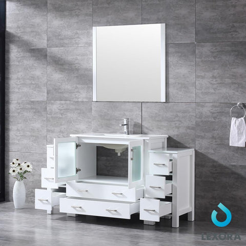 Volez 60" White Single Vanity w/ 2 Side Cabinets | Integrated Top | White Integrated Square Sink and 34" Mirror