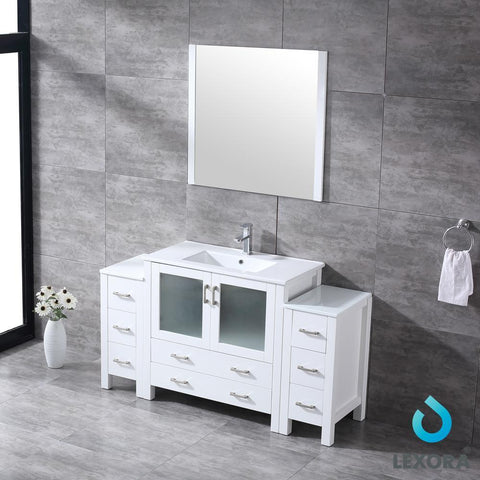 Image of Volez 60" White Single Vanity w/ 2 Side Cabinets | Integrated Top | White Integrated Square Sink and 34" Mirror