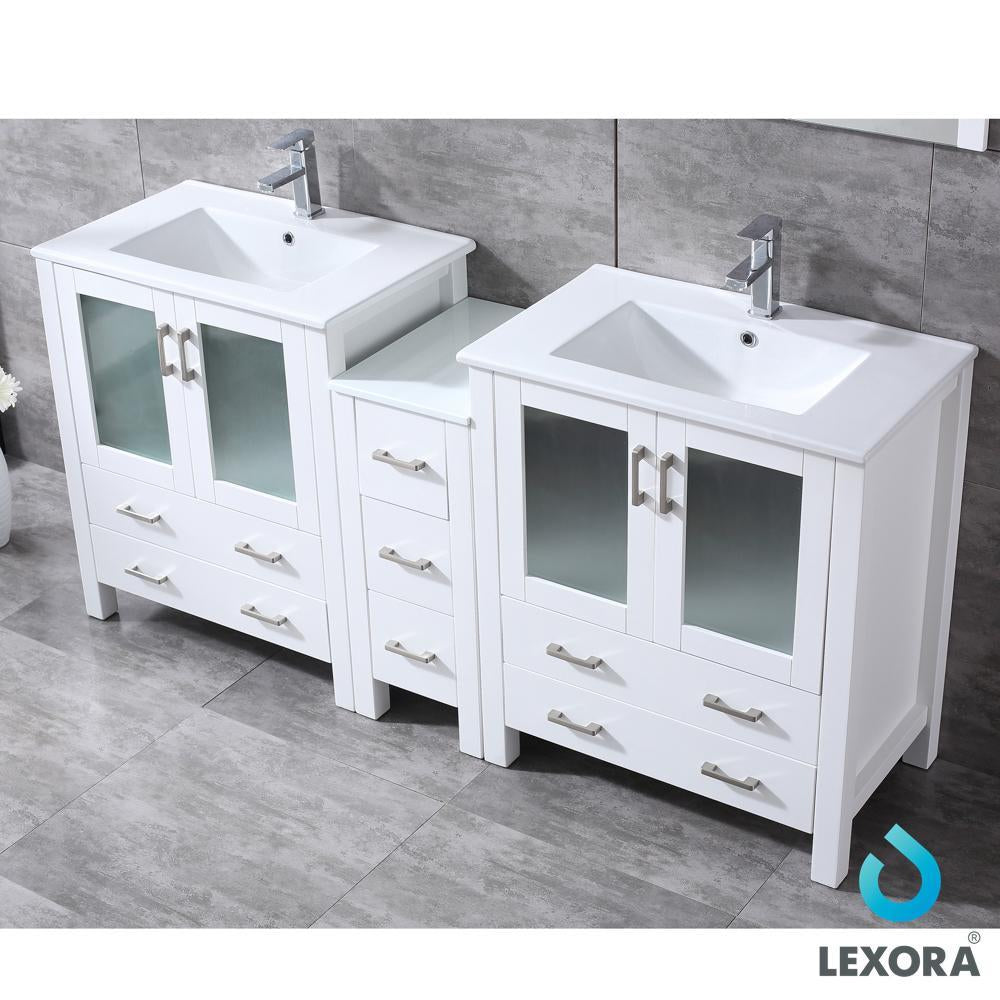 Volez 72" White Double Vanity w/ Side Cabinet | Integrated Top | White Integrated Square Sink and 28" Mirrors
