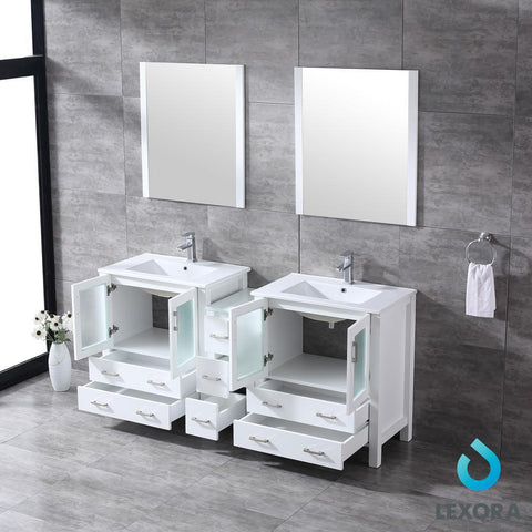 Image of Volez 72" White Double Vanity w/ Side Cabinet | Integrated Top | White Integrated Square Sink and 28" Mirrors