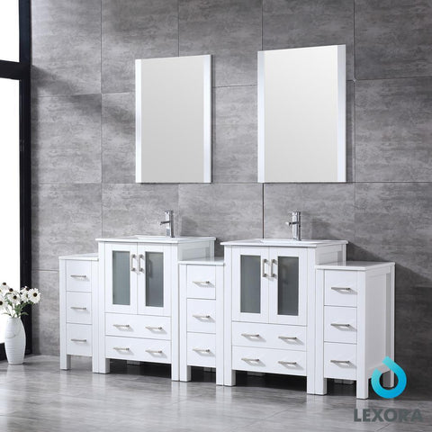 Image of Volez 84" White Double Vanity w/ 3 Side Cabinets | Integrated Top | White Integrated Square Sink and 22" Mirrors