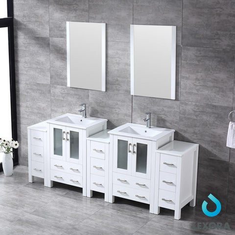 Image of Volez 84" White Double Vanity w/ 3 Side Cabinets | Integrated Top | White Integrated Square Sink and 22" Mirrors