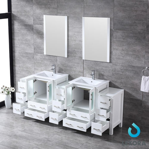Image of Volez 84" White Double Vanity w/ 3 Side Cabinets | Integrated Top | White Integrated Square Sink and 22" Mirrors
