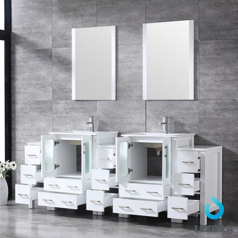 Image of Volez 84" White Double Vanity w/ 3 Side Cabinets | Integrated Top | White Integrated Square Sink and 22" Mirrors