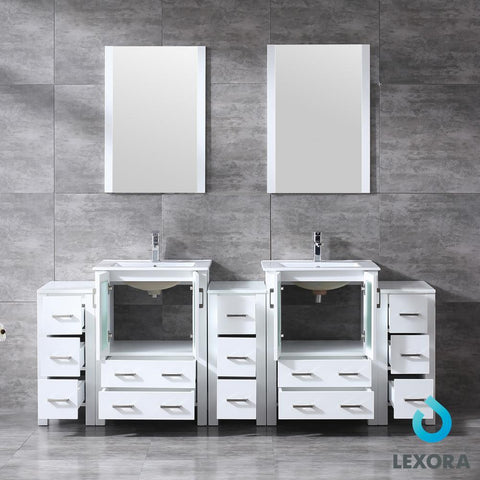 Image of Volez 84" White Double Vanity w/ 3 Side Cabinets | Integrated Top | White Integrated Square Sink and 22" Mirrors