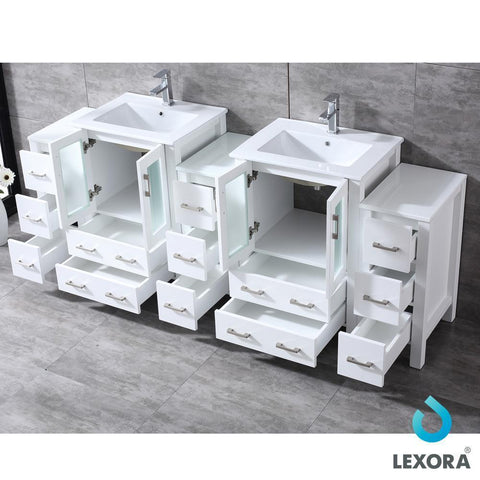 Image of Volez 84" White Double Vanity w/ 3 Side Cabinets | Integrated Top | White Integrated Square Sink and 22" Mirrors