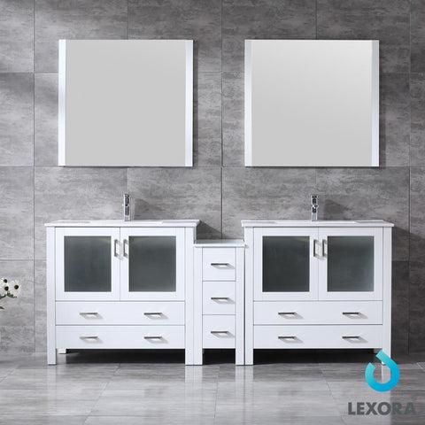 Image of Volez 84" White Double Vanity w/ Side Cabinet | Integrated Top | White Integrated Square Sink and 34" Mirrors