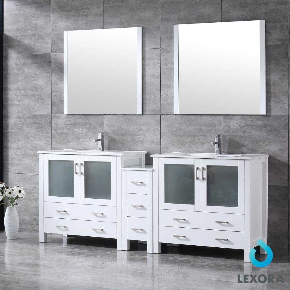 Volez 84" White Double Vanity w/ Side Cabinet | Integrated Top | White Integrated Square Sink and 34" Mirrors