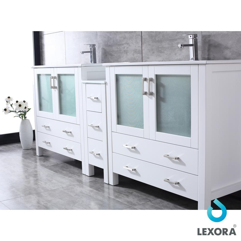 Volez 84" White Double Vanity w/ Side Cabinet | Integrated Top | White Integrated Square Sink and 34" Mirrors