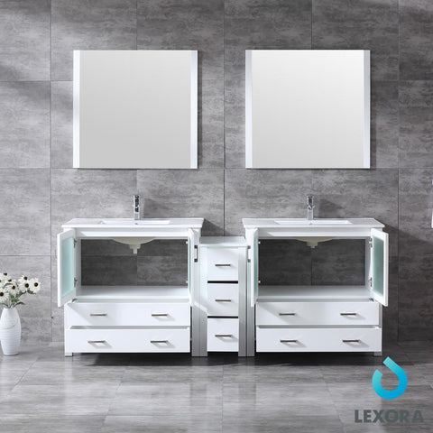 Image of Volez 84" White Double Vanity w/ Side Cabinet | Integrated Top | White Integrated Square Sink and 34" Mirrors